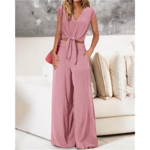 Women’s 2 Piece V-Neck Crop Top & Wide Leg Pants Set - Picture 2 of 5